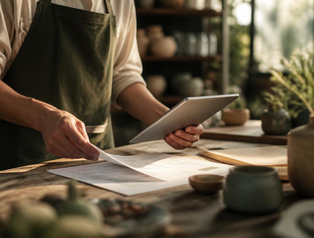 Un artisan étudie ses documents de financement dans son atelier